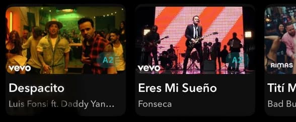 Rangée de cartes de chansons dont Despacito et Eres Mi Sueño